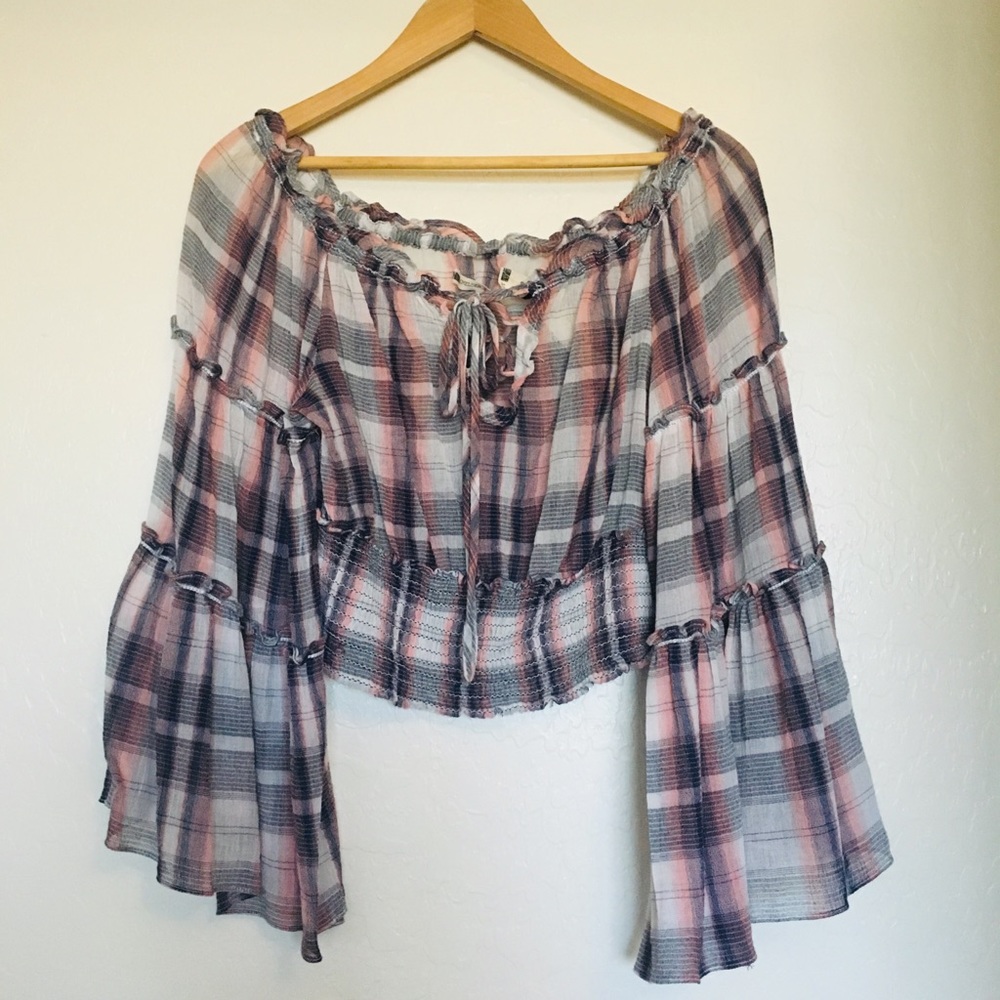Chelsea & Violet Plaid Small Crop Top Bell Sleeves